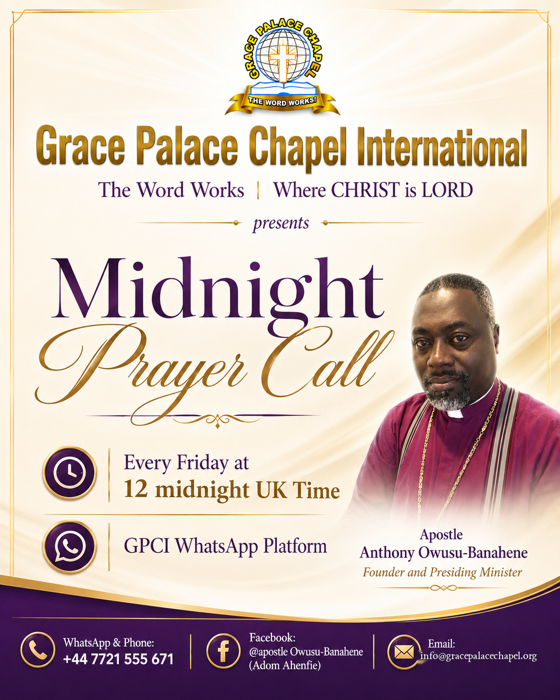 Midnight Prayer Call flyer, every Friday at 12 midnight UK Time on the GPCI WhatsApp Platform
