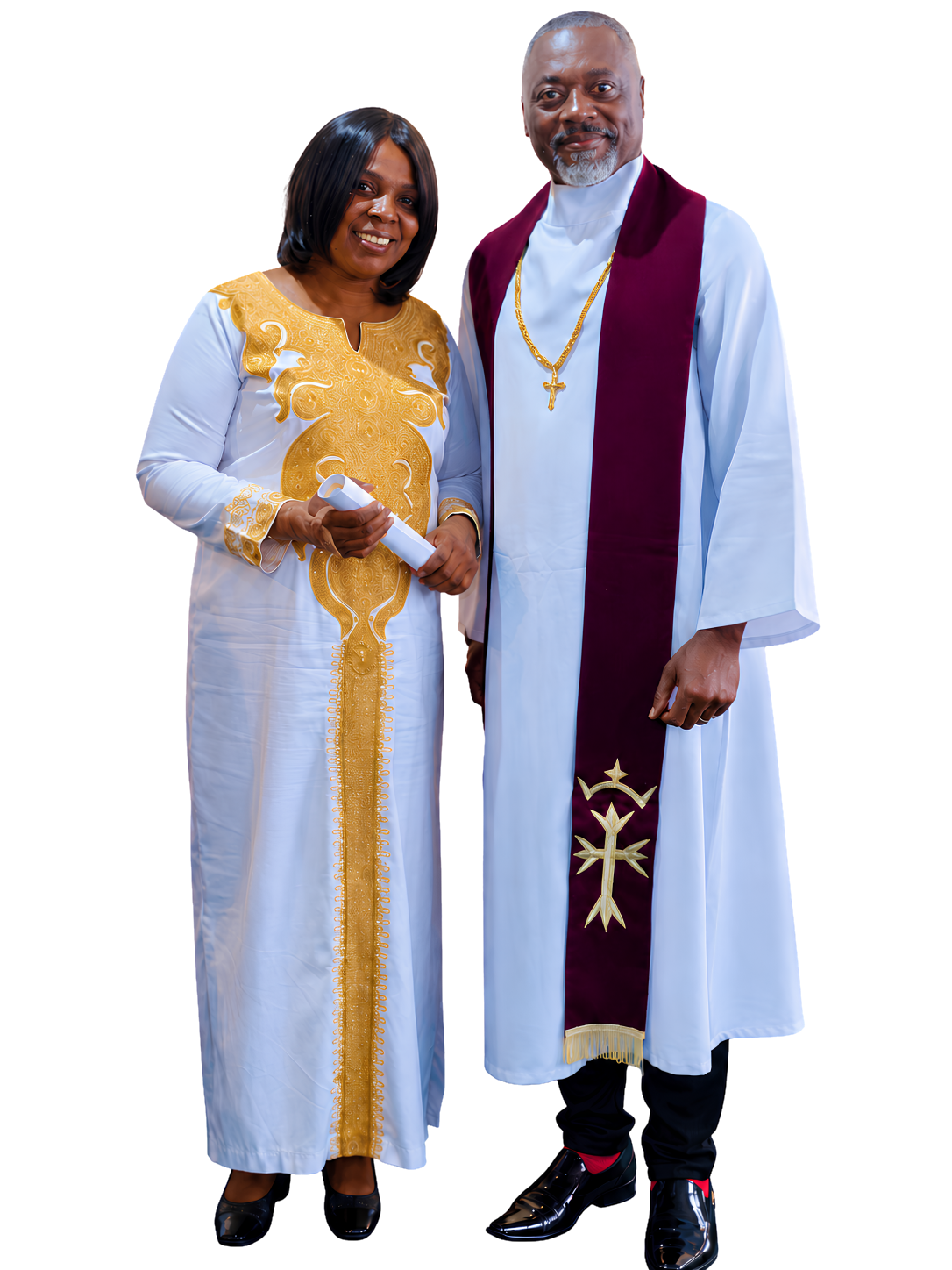 Apostle Anthony Owusu-Banahene and Pastor Angelina Owusu-Banahene standing together in ceremonial ministry attire.